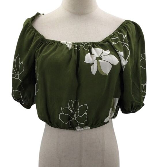 BILLABONG SZ M olive green tropical floral puff sleeve crop top blouse B122 - Picture 1 of 5